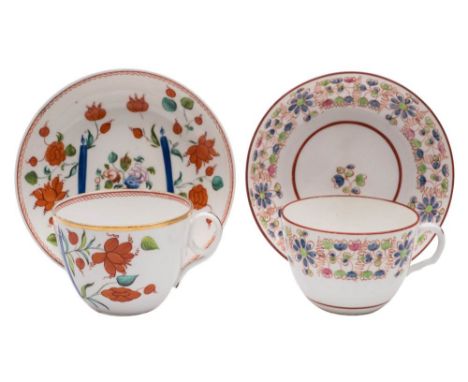 A New Hall bone china teapot stand, a similar teacup and saucer and two other tea cups and saucers: the first painted with a 