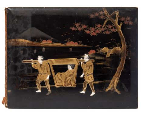 A Japanese lacquered photograph album: the front board decorated with a figure in a sedan chair with Mount Fuji in the backgr