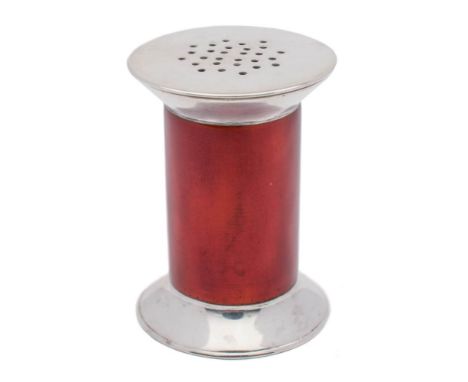 An Edward VII silver and red enamel novelty pepper, maker Elkington &amp; Co, Birmingham, 1909: in the form of a cotton reel 