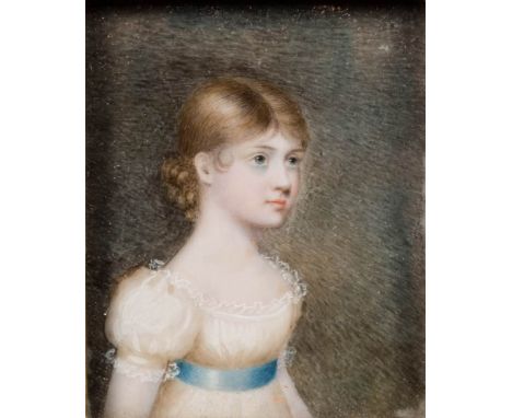 English School early 19th Century-A miniature portrait of a young girl,:- half-length with wavy fair hair and blue eyes, wear