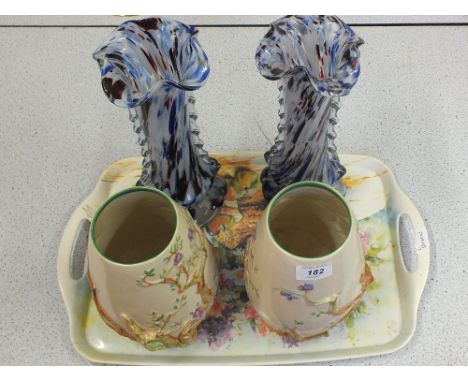 A pair of Clarice Cliff tree and floral vases, No.989 plus a pair of mottled glass vases
