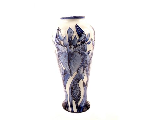 A boxed Moorcroft Windrush pattern vase on light blue ground, bottom of vase with all relevant marks, designed by Debbie Hanc