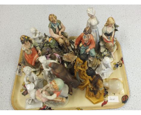 A Capo Di Monte style tramp, Nao swan plus other figurines (two trays)