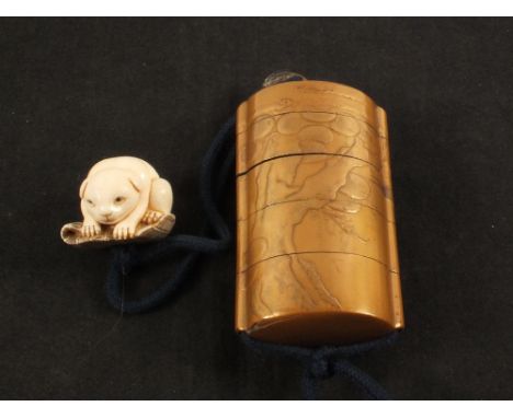 A Japanese cased lacquer inro with bird and tree decoration, ivory cat netsuke plus a coloured glass ojime 