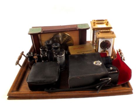 A brass quartz clock with Spode floral porcelain panels, three others plus five pairs of binoculars and opera glasses