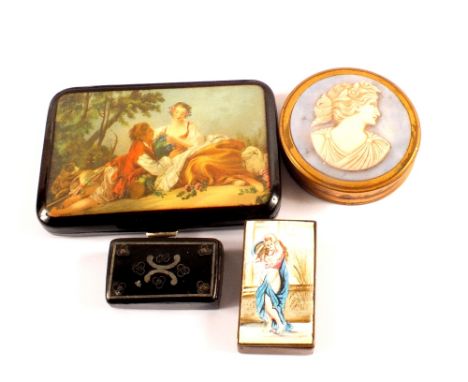 Two snuff boxes, one with a portrait of a lady together with a vintage cigarette case with romantic scene to front and a lady