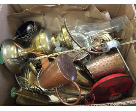 A silver plated gallery tray (as found) plus other silver plate and brassware including an oil lamp