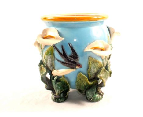 A quantity of French porcelain storage jars with light oak wall hanging shelves plus an iris and bird decorated jardiniere