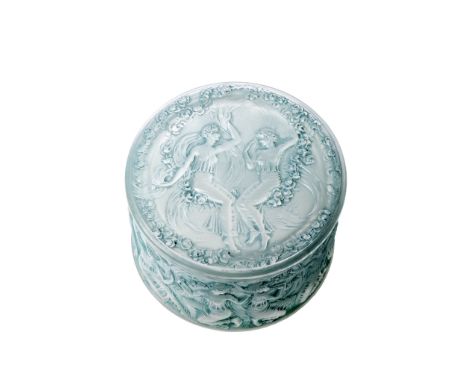 ‡ René Lalique (French 1860-1945) FIGURINES ET VOILE BOX, NO. 97 designed 1929 clear, frosted and blue stained moulded R. LAL