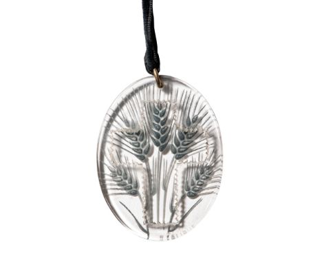 ‡ René Lalique (French 1860-1945) CROIX ÉPIS PENDANT, NO. 1228 designed 1942 clear, frosted and blue stained, associated box 