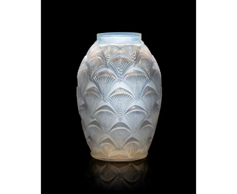 ‡ René Lalique (French 1860-1945) HERBLAY VASE, NO. 10-881 designed 1932 cased opalescent and blue stained stencilled R. LALI