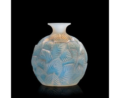 René Lalique (French 1860-1945) ORMEAUX VASE, NO. 984 designed 1926 doubled-cased opalescent and blue stained engraved R. Lal