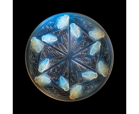 ‡ René Lalique (French 1860-1945) CIGALES BOX, NO. 44 designed 1921 opalescent, card and silk base moulded R. LALIQUE(26cm (1