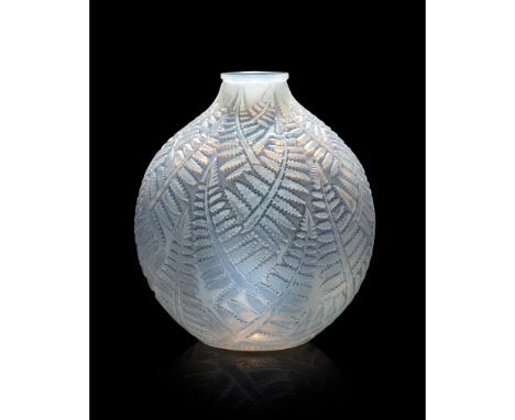 ‡ René Lalique (French 1860-1945) ESPALION VASE, NO. 996 designed 1927 cased opalescent and blue stained engraved R. Lalique 