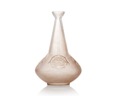René Lalique (French 1860-1945) QUATRE MASQUES DECANTER, NO. 3154 designed 1912 clear, frosted and sepia stained engraved R. 