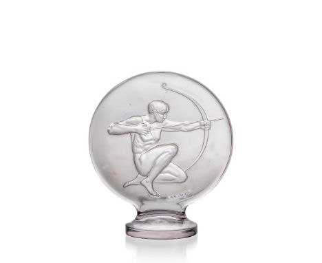René Lalique (French 1860-1945) ARCHER CAR MASCOT, NO. 1126 designed 1926 clear and frosted intaglio R. LALIQUE, wheel-engrav
