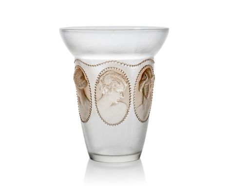 René Lalique (French 1860-1945) MEDALLIONS VASE, NO. 10-916 designed 1937 clear, frosted and sepia stained stencilled R. LALI