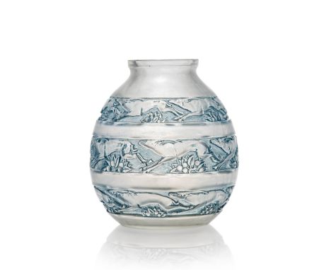 René Lalique (French 1860-1945) SOUDAN VASE, NO. 1016 designed 1928 frosted and blue stained engraved R. Lalique France(18cm 