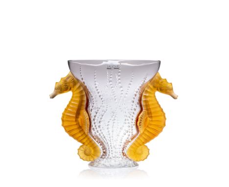 ‡ Lalique POSEIDON VASE, NO. 1265300 designed 2004, numbered 89 from an edition of 99 clear, frosted and amber engraved Laliq