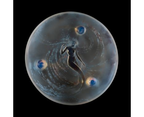 ‡ René Lalique (French 1860-1945) SIRÈNES BOWL, NO. 376 designed 1920 opalescent and blue stained moulded R. LALIQUE(36cm (14