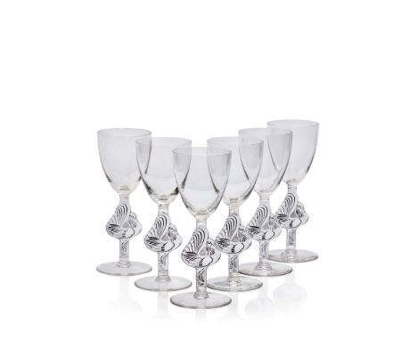 ‡ Rene Lalique SIX WILLIAM COCKTAIL GLASSES, NO. 3762 designed 1925 clear, frosted and black stained engraved R. Lalique Fran