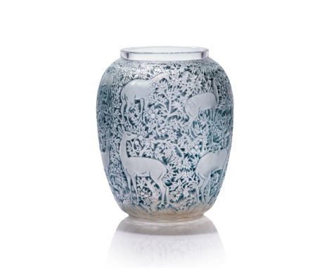 ‡ René Lalique (French 1860-1945) BICHES VASE, NO. 1082 designed 1932 clear, frosted and blue stained stencilled R. LALIQUE(1