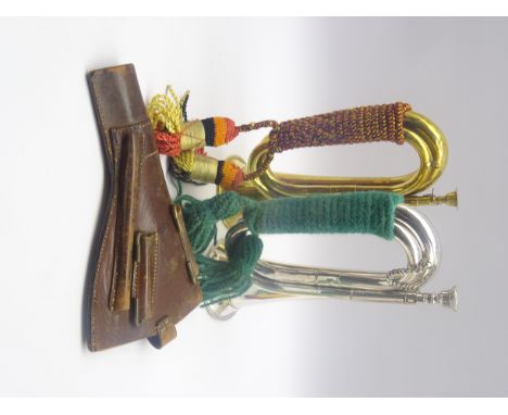 Brass bugle and silver plated bugle and leather pistol holster Condition Report & Further Details Click here for further imag
