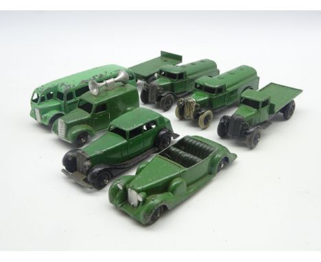 Dinky - eight unboxed and playworn early die-cast models including  Lagonda 4-seat sports car, two petrol tankers, loudspeake