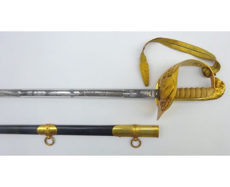 QEII Wilkinson Sword presentation RAF officer's dress sword with decorative 82cm fullered steel blade inscribed 'Flt. Lt. Jos