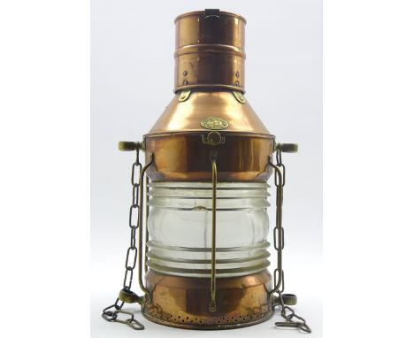 Ship's copper and brass masthead light labelled 'Eli Griffiths & Son Birmingham No.C920', with caged clear glass reflector, e