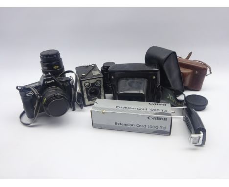 Various vintage cameras and equipment including 'Praktica LTL' in protective case, Canon 'EOS 650' with 'Canon Zoom Lens EF 3