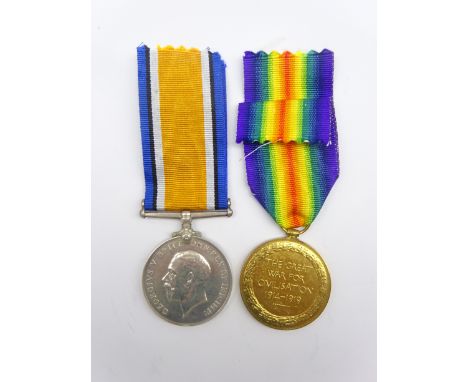 WW1 pair of medals comprising British War medal and Victory medal awarded to 4549 Pte. E.J. Ludlow 11-Lond. R. Condition Repo