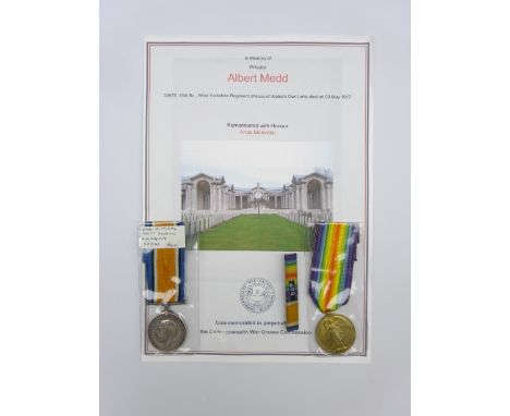 WW1 pair of medals comprising British War medal and Victory medal awarded to 33978 Pte. A. Medd W. Yorks. R. who died on 3rd 