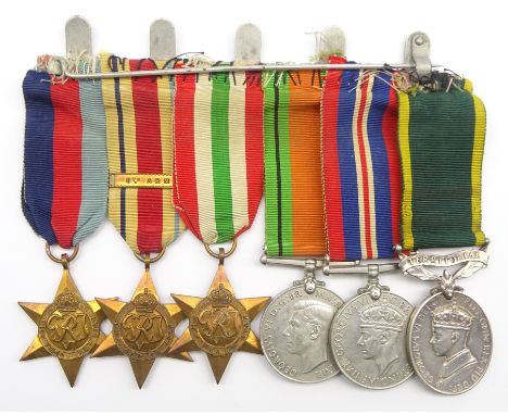 WW2 group of six medals comprising 1939-45 medal, Defence medal, 1939-45 Star, Africa Star (with 8th Army bar), Italy Star an