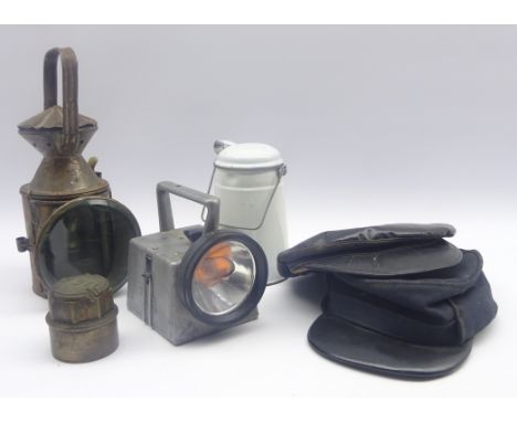 Metal railway lamp of cylindrical form with revolving filter changer and oil burner stamped LMS H30cm, BR Bardic lamp, two en