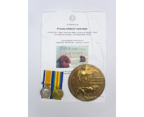 WW1 pair of medals comprising British War medal and Victory medal with bronze memorial plaque awarded to 5497 Pte. E. Feather