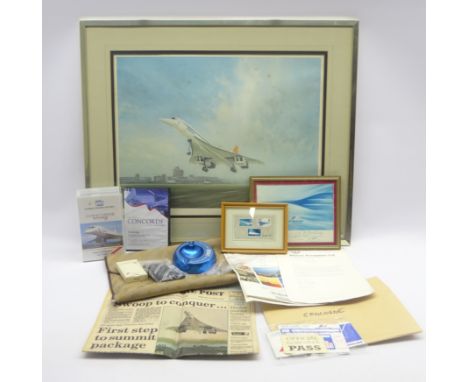 After Gerald Coulson, colour print of Concorde taking off, signed on the mount by the artist and test pilot Brian Trubshaw 47