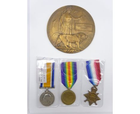 WW1 trio of medals comprising British War medal, 1914-15 Star and Victory medal with bronze memorial plaque awarded to 5632 P