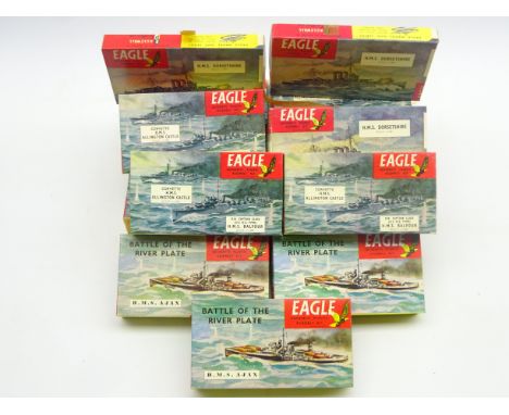 Twenty early 1960s Eagle 1:200 scale plastic construction kits comprising five H.M.S. Dorsetshire, five H.M.S. Allington Cast