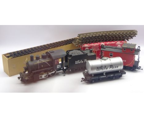 Lehmann LGB 'G' scale - White Pass 2-4-0 locomotive No.21 with tender, tanker wagon and brake van, and quantity of boxed and 