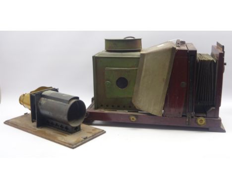 19th Century mahogany framed projector, with tin cased electric lamp and rack and pinion bellows focusing Condition Report & 