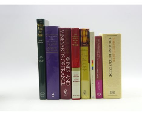 Eight reference books on wine including Clive Coates Encyclopaedia of the Wines and Domaines of France 2000, Michael Broadben