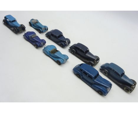 Dinky - eight unboxed and playworn pre and post war cars including two Frazer-Nash sports cars, Riley, Jaguar sports car, Chr