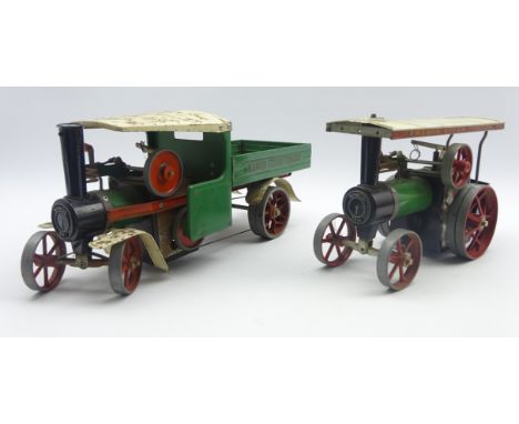 Two Mamod live-steam vehicles - model SW1 Steam Wagon in green/cream/red (no burner) and model TE1A Steam Tractor, both unbox