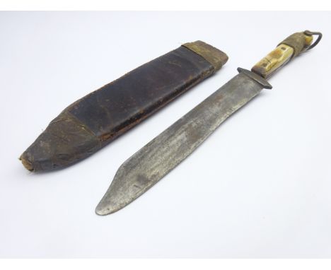 19th Century bowie knife with 25cm single edged blade, split horn grip, brass hanging loop to the pommel and leather covered 