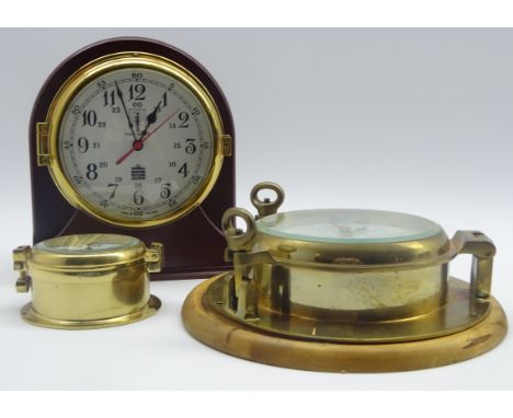Sewills Radiomaster ship's brass cased bulkhead clock, the 14cm 24-hour dial with Arabic numerals and centre sweep seconds ha