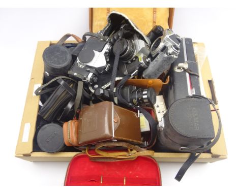 Vintage cameras, lenses and accessories including 'Asahi Pentax' camera body, 'Pentax Super Program' camera fitted with 'SMC 