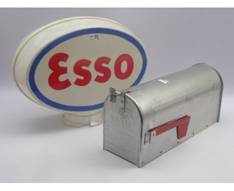 Esso plastic petrol pump globe of pedestal oval form in white, red and blue W50cm and U.S. white metal Mail Box marked 'Mfd. 