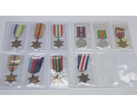 Ten WW2 medals comprising 1939-45 medal with oak leaf, Defence medal, two Africa Stars (one with 1st Army bar), Atlantic Star