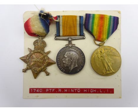 WW1 trio of medals comprising British War medal, 1914-15 Star and Victory medal awarded to 1740 Pte. R. Minto High. L.I. Cond